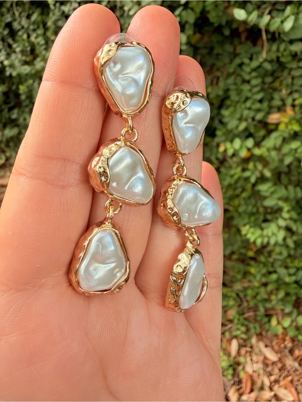 Drop Gold Triple White Baroque Pearl Drop Earrings - Picture 5 of 9